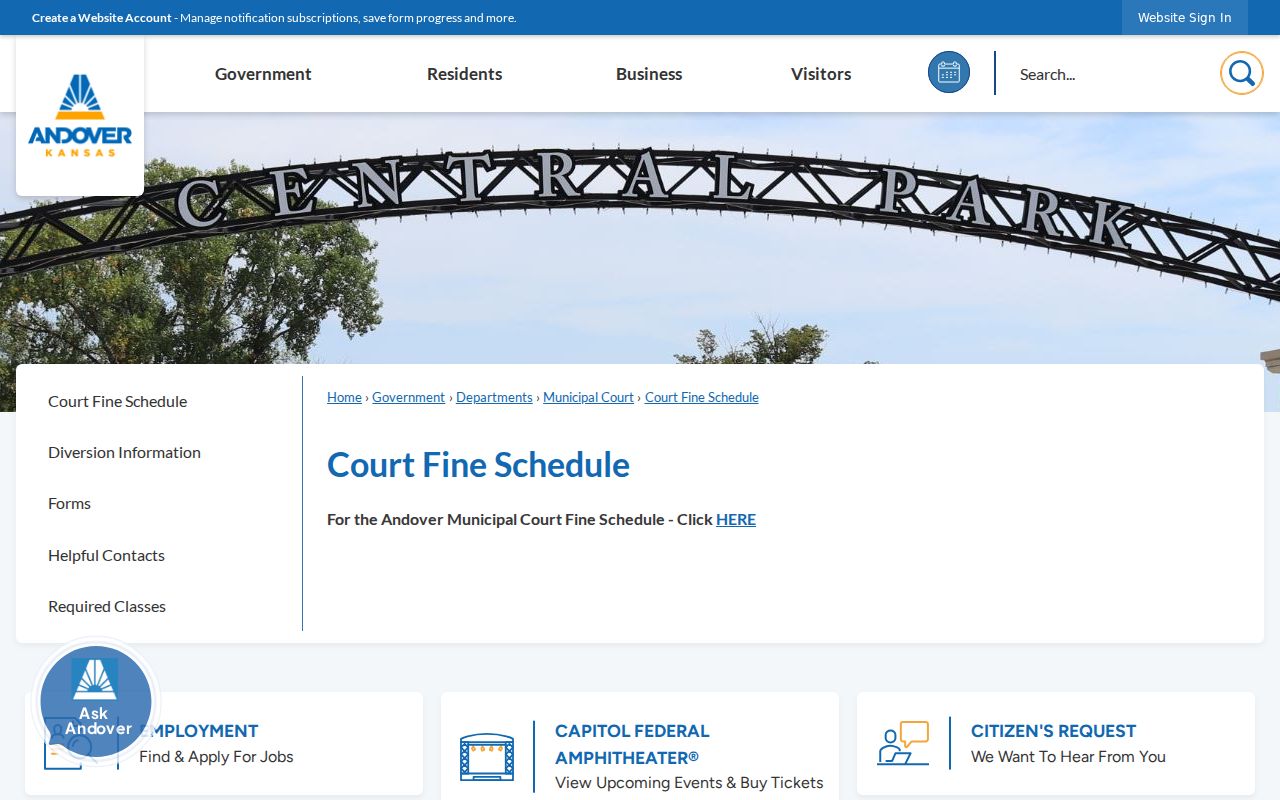Andover Municipal Court fine schedule page