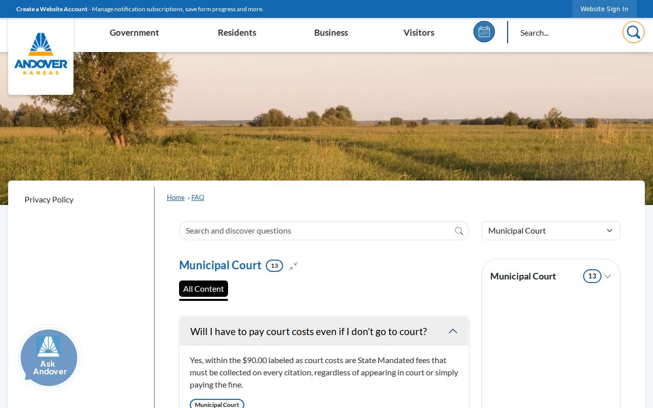 Andover Municipal Court payment FAQ with citation guidance