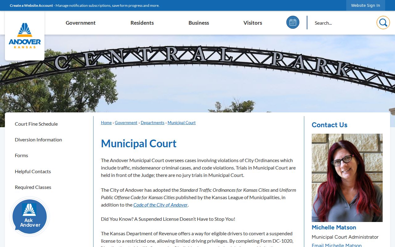 Official Andover Municipal Court page and calendar information
