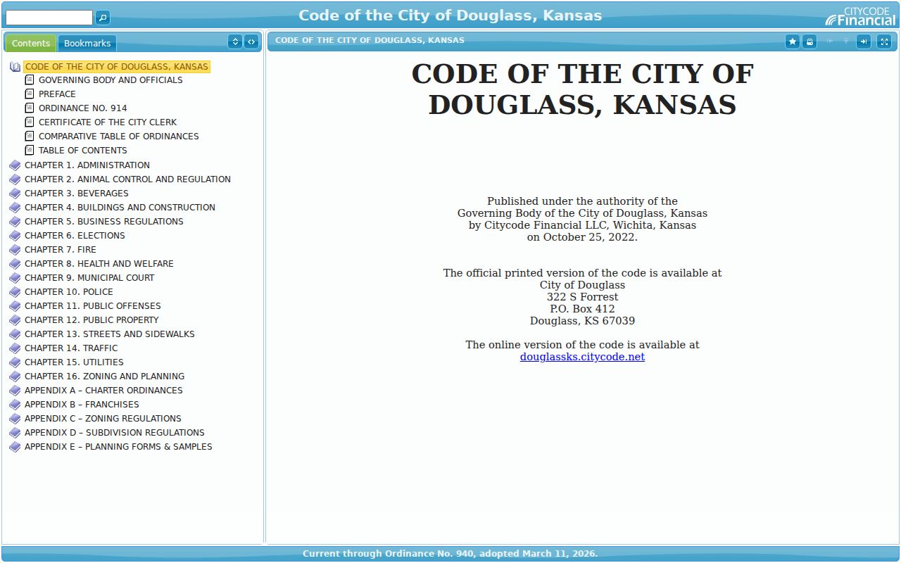 Current Douglass city code portal through Ordinance 940
