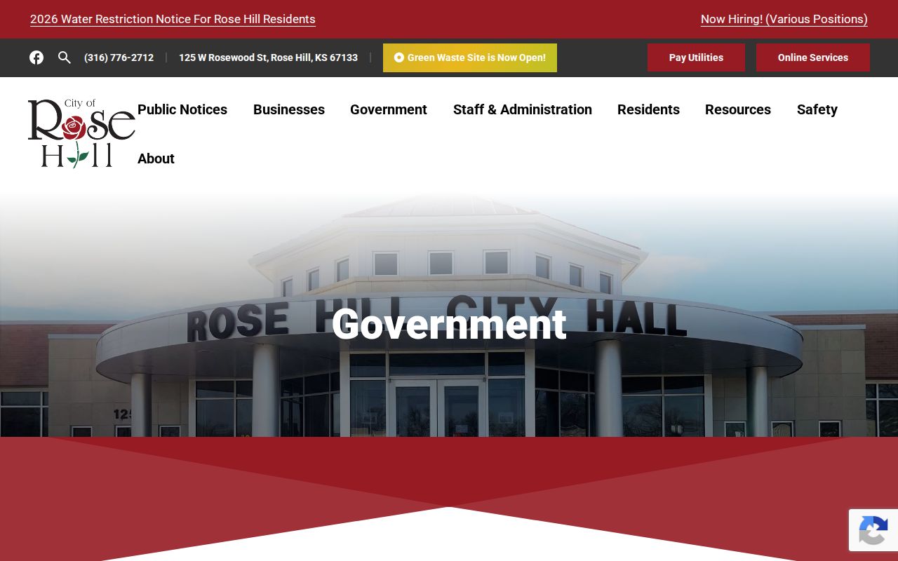 Rose Hill city government page with City Hall contact information