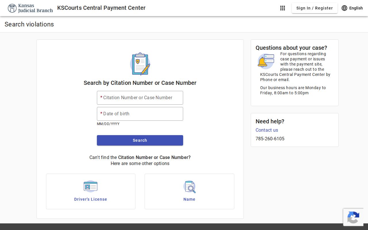 Kansas Central Payment Center citation search for Butler County traffic cases