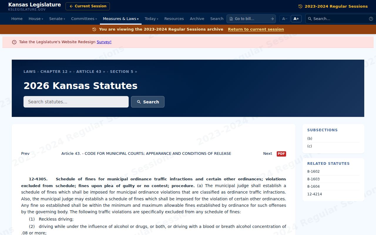 Kansas municipal scheduled fine statute relevant to Butler traffic cases
